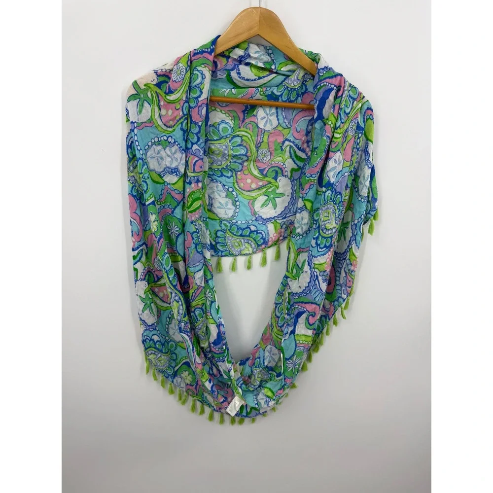 Lilly Pulitzer infinity loop scarf Conch Republic green tassel trim
